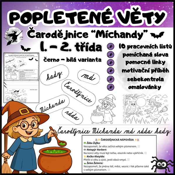 🧹Popletené věty čarodějnice Míchandy🧹 1. - 2. Třída