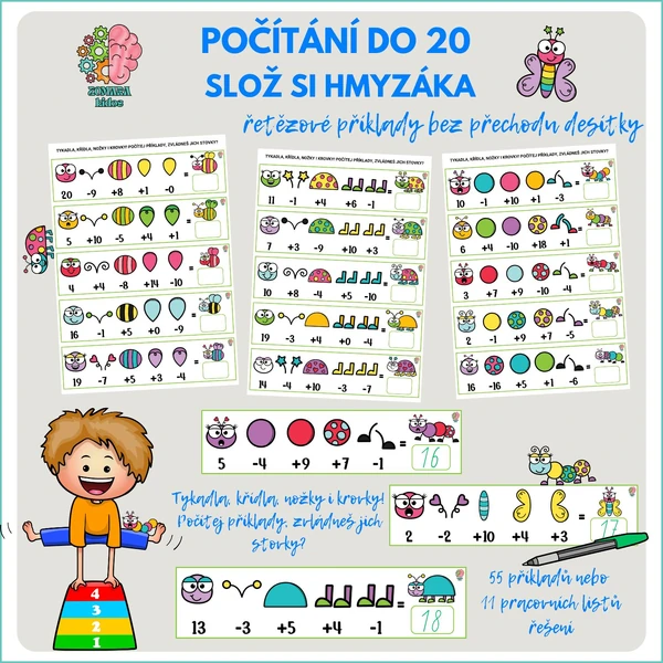 Počítání do 20 bez přechodu – řetězové příklady Slož si hmyzáka