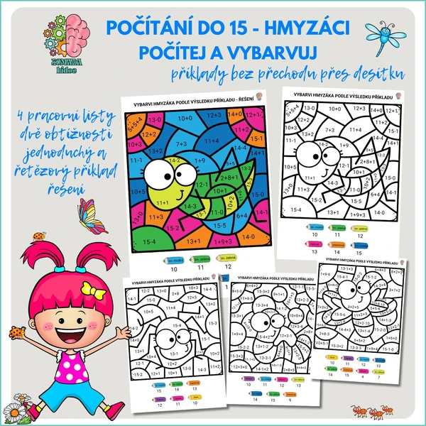 Počítání do 15 bez přechodu desítky - počítej a vybarvuj hmyzáky