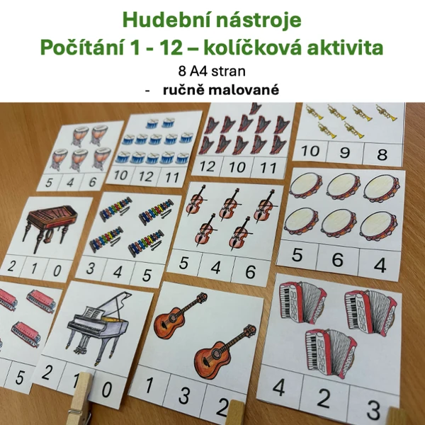 Počítání od 1 do 12 - kolíčková aktivita Hudební nástroje