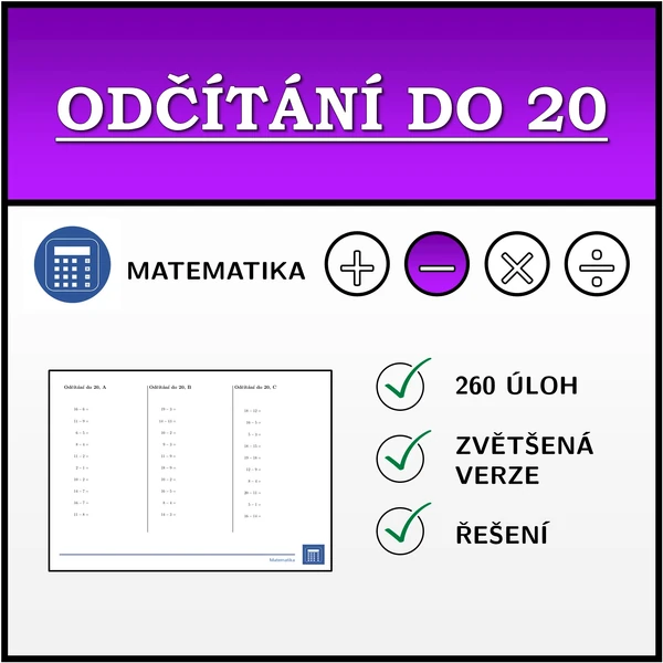 Odčítání do 20 | matematika 1. stupeň | 26 sloupců