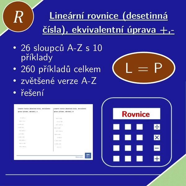 Lineární rovnice (desetinná čísla), ekvivalentní úprava (sčítání, odčítání) | matematika, algebra | 26 sloupců