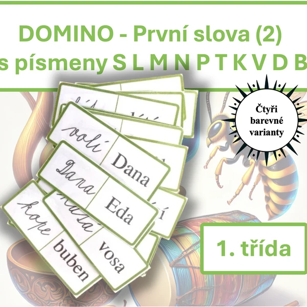 První slova s písmeny S L M N P T K V D B tiskací a psací podoba — sada 2., DOMINO 