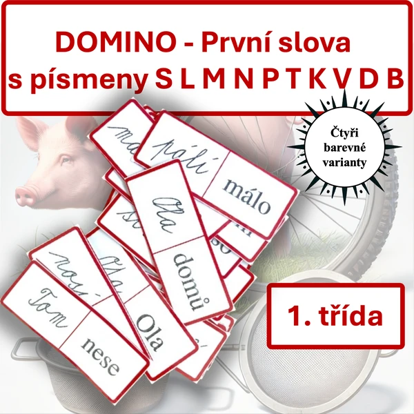 První slova s písmeny S L M N P T K V D B — tiskací a psací podoba (DOMINO)