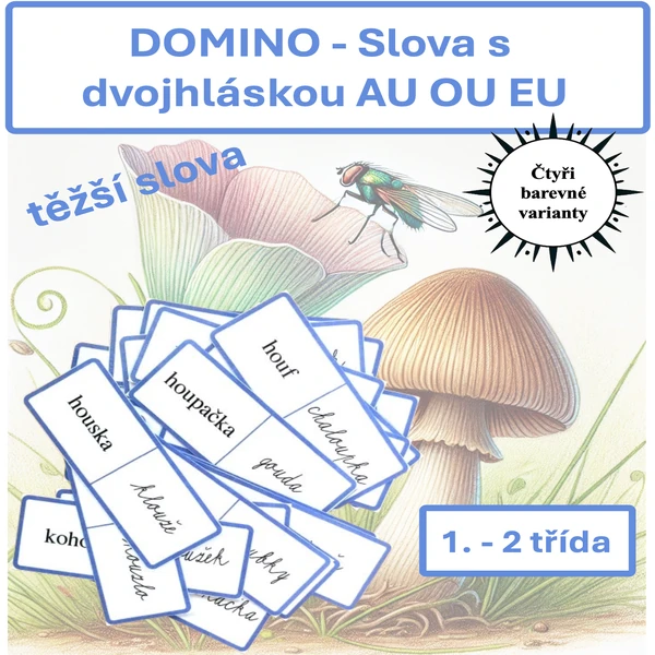 Slova s dvojhláskou AU OU EU tiskací a psací podoba - těžší varianta, DOMINO 