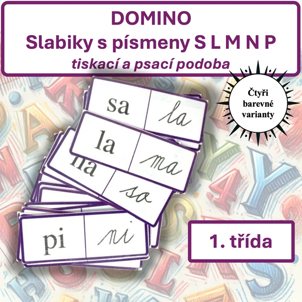Slabiky s písmeny S L M N P — tiskací a psací podoba (DOMINO)