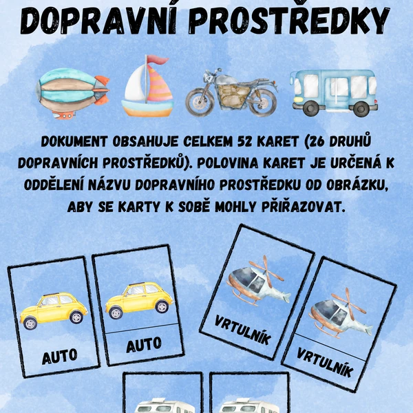 třísložkové karty - dopravní prostředky