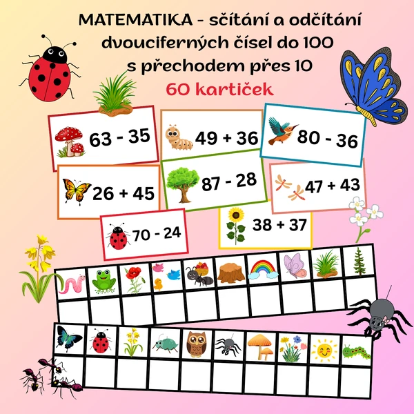 Matematické běhací karty - sčítání a odčítání dvouciferných čísel do 100 s přechodem přes 10