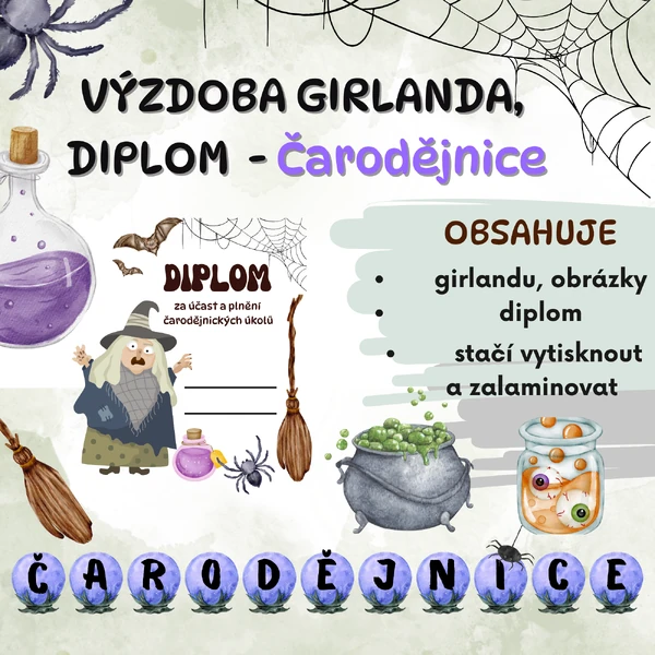 VÝZDOBA ČARODĚJNICE - girlanda, obrázky, diplom