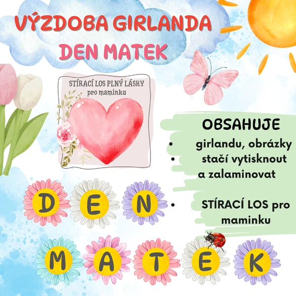 VÝZDOBA DEN MATEK - girlanda, obrázky, STÍRACÍ LOS pro maminku