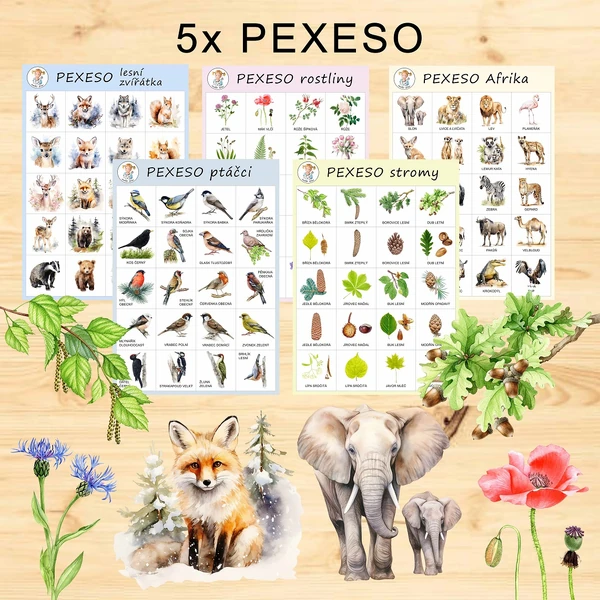 5x PEXESO - stromy, ptáčci, rostliny, Afrika a lesní zvířátka