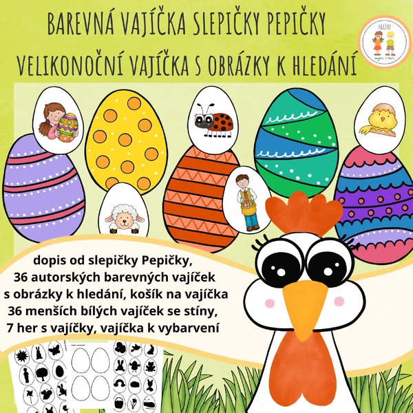 Velikonoční hledačka - Barevná vajíčka slepičky Pepičky - Velikonoční vajíčka s obrázky k hledání