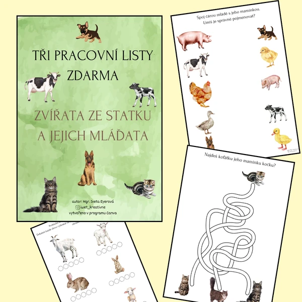 Tři pracovní listy - zvířata ze statku a jejich mláďata (zdarma)