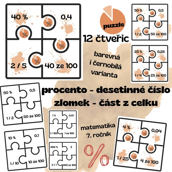 Procento - desetinné číslo - zlomek - část z celku (čtveřice - 48 karet ke spojení do 12 čtveřic)