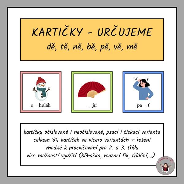 Kartičky - určujeme dě, tě, ně, bě, pě, vě, mě