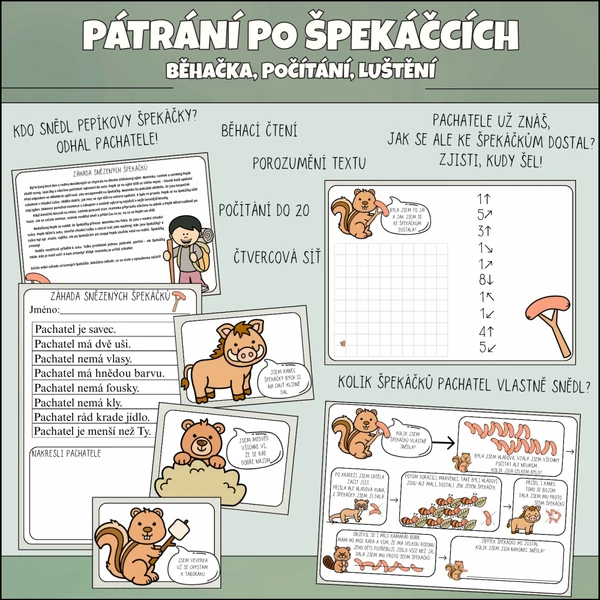 Pátrání po špekáčcích - běhací čtení, čtvercová síť, počítání do 20 s přechodem