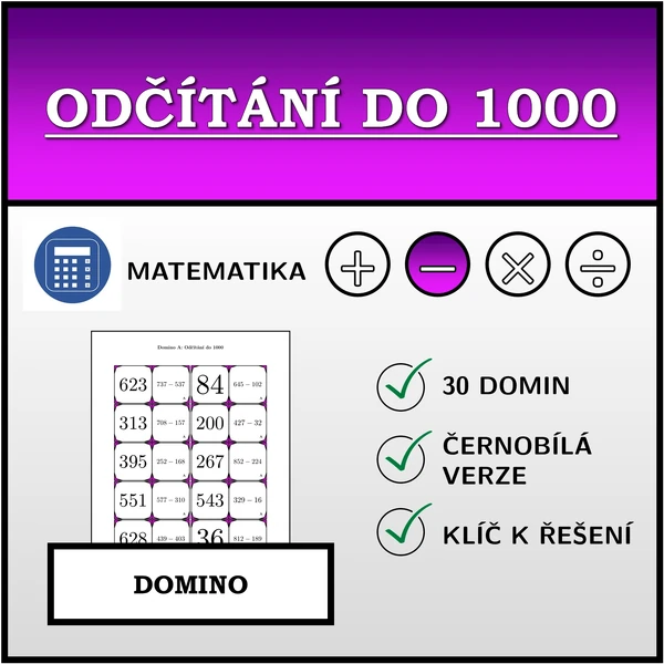 Domino - Odčítání do 1000 | matematika