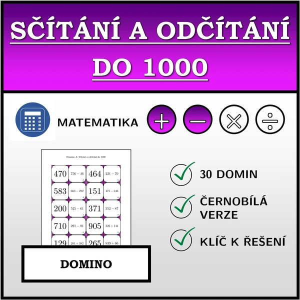 Domino - Sčítání a odčítání do 1000 | matematika