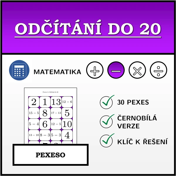 Pexeso - Odčítání do 20 | matematika