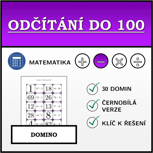 Domino - Odčítání do 100 | matematika