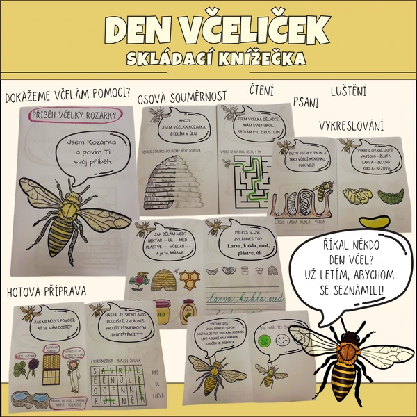 Den včel - skládací knížka - čtení s porozuměním, psaní, luštění