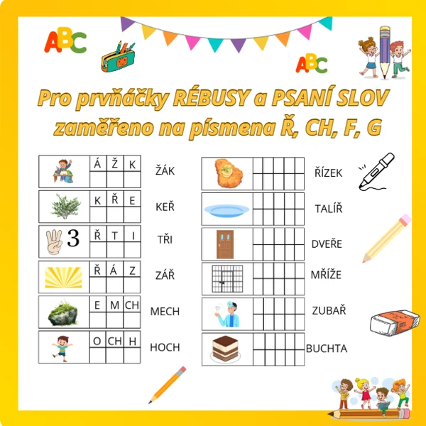 Psaní slov a rébusy s písmeny Ř, CH, F, G