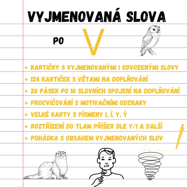 Vyjmenovaná slova po V - kartičky, testy, doplňování, významy slov