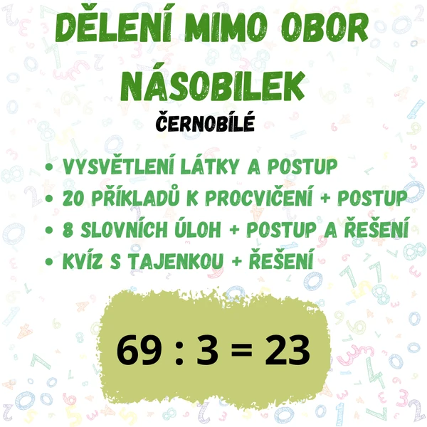 Dělení mimo obor násobilek - výklad látky, příklady, slovní úlohy, kvíz s tajenkou