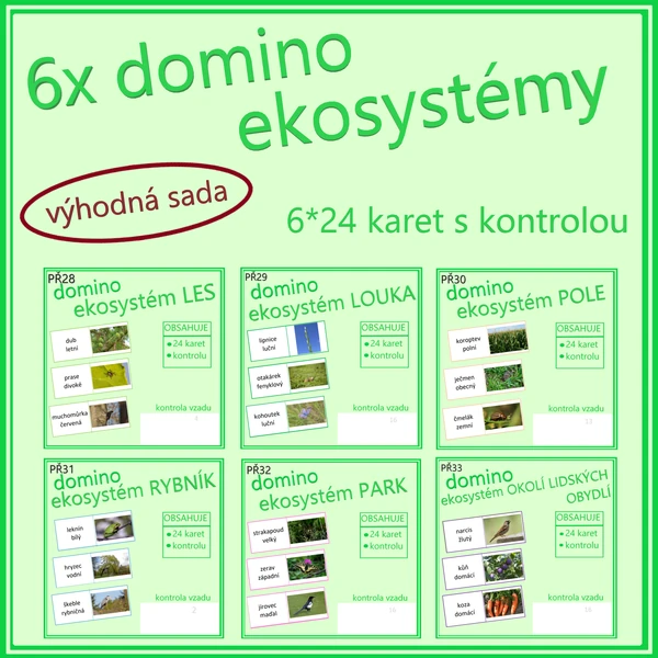 Domino - ekosystémy (soubor) - les, louka, pole, rybník, park, okolí lidských obydlí