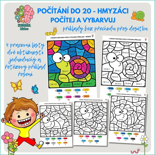 Počítání do 20 bez přechodu desítky - počítej a vybarvuj hmyzáky