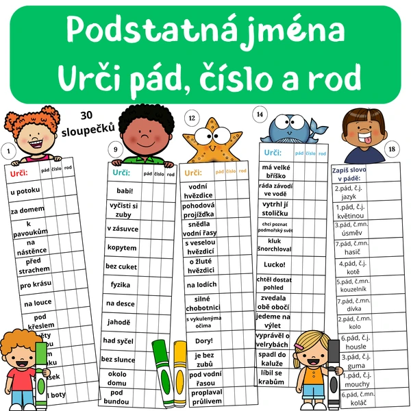 Podstatná jména - Urči pád, číslo a rod - sloupečky