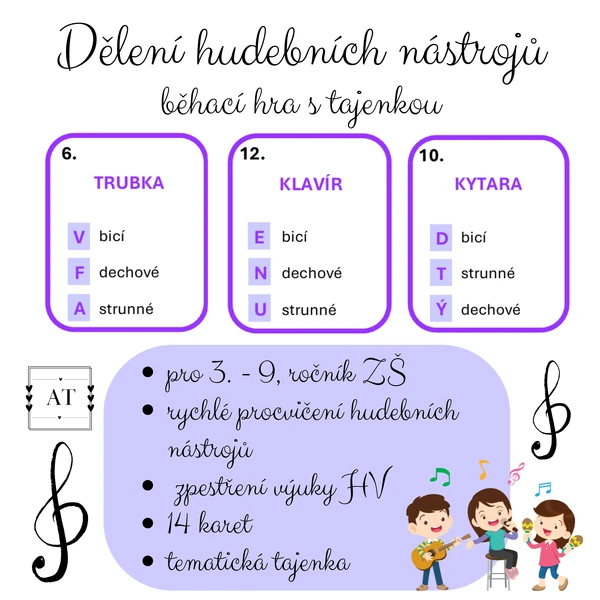 Dělení hudebních nástrojů - běhací hra s tajenkou