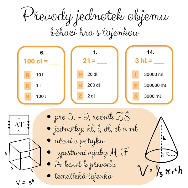 Převody jednotek objemu - běhací hra s tajenkou