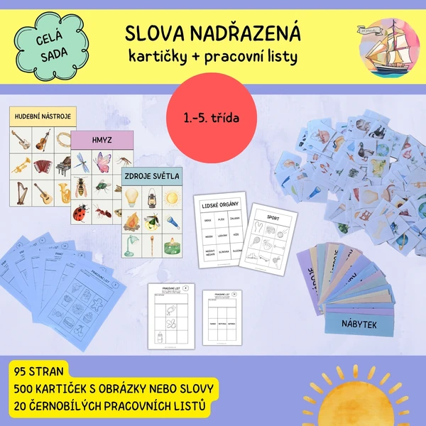 Slova nadřazená a podřazená - kartičky a pracovní listy (celá sada)
