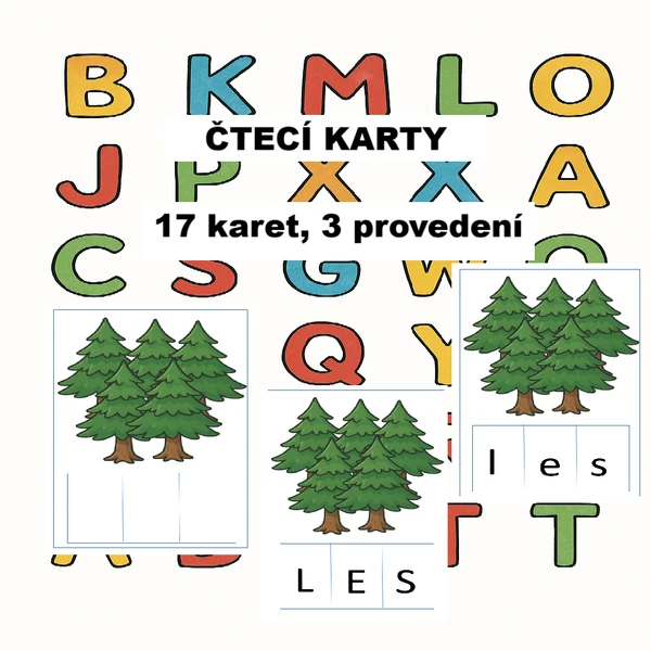 Čtecí a psací karty s písmeny: A, E, O, I, M, L, T, S, Š, V, P
