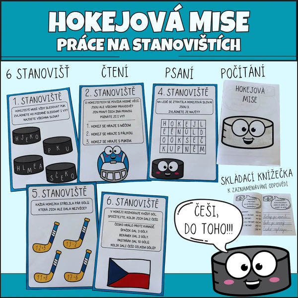 Hokejová mise - práce na stanovištích - čtení s porozuměním, psaní, počítání