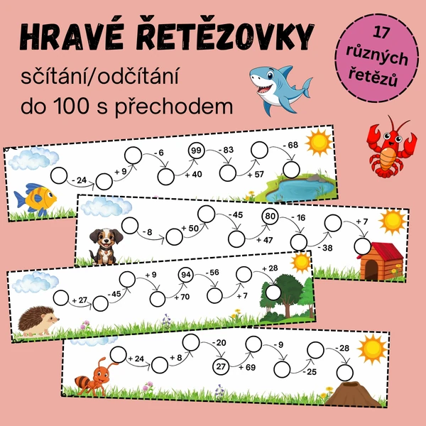 Sčítání a odčítání do 100 - Hravé matematické řetězovky do 100 s přechodem přes 10