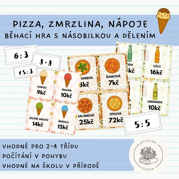 Pizza, zmrzlina, nápoje běhací hra s násobilkou a dělením 