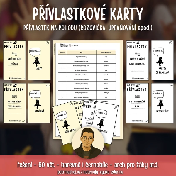 PŘÍVLASTEK: procvičovací karty (60 karet - univerzální využití)