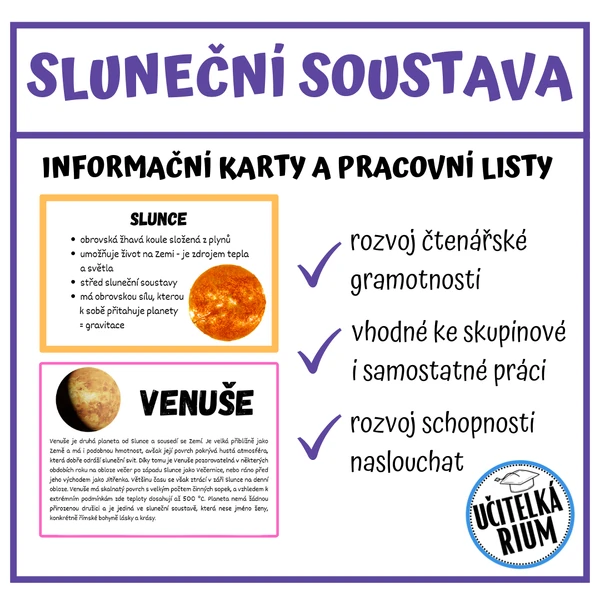 Slunce, sluneční soustava a planety - informační karty, pracovní listy