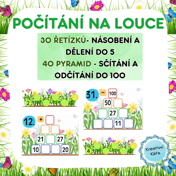 Počítání na louce - násobení a dělení do 5, sčítání a odčítání do 100