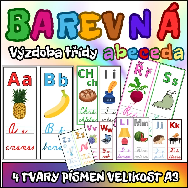 🌈 ABECEDA - 4 TVARY PÍSMEN - BAREVNÁ VERZE 🌈 VÝZDOBA TŘÍDY - vel. A3