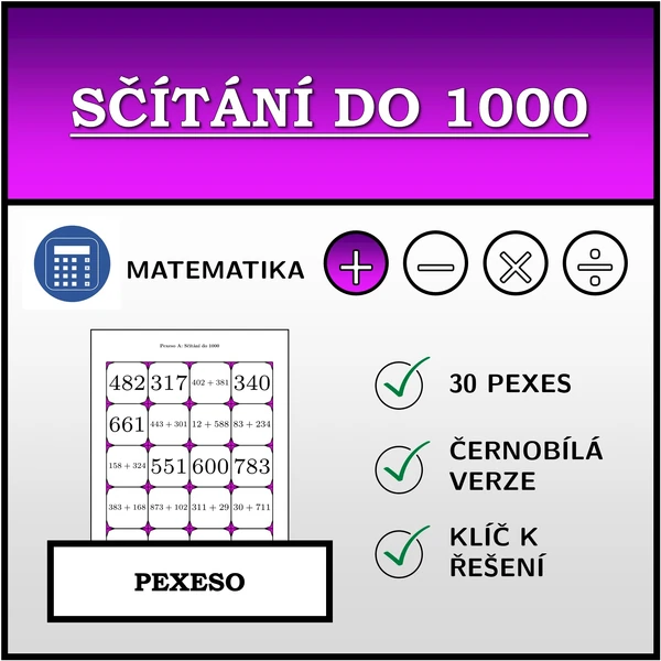 Pexeso - Sčítání do 1000 | matematika