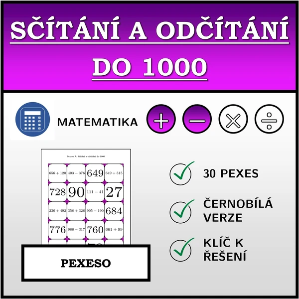 Pexeso - Sčítání a odčítání do 1000 | matematika