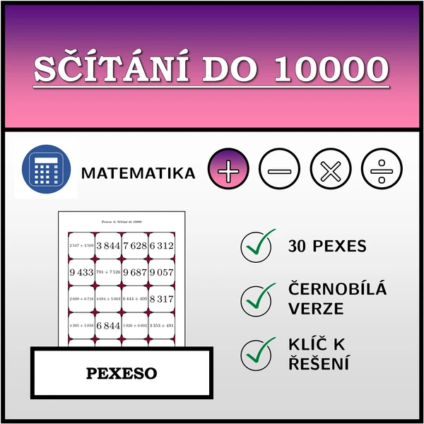 Pexeso - Sčítání do 10000 | matematika