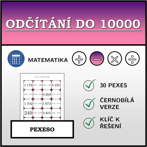 Pexeso - Odčítání do 10000 | matematika