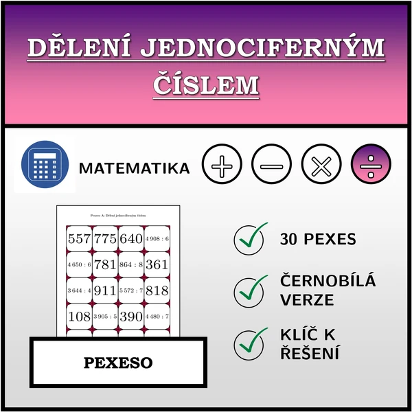 Pexeso - Dělení jednociferným číslem | matematika