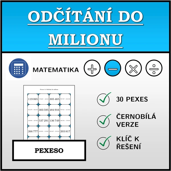 Pexeso - Odčítání do milionu | matematika