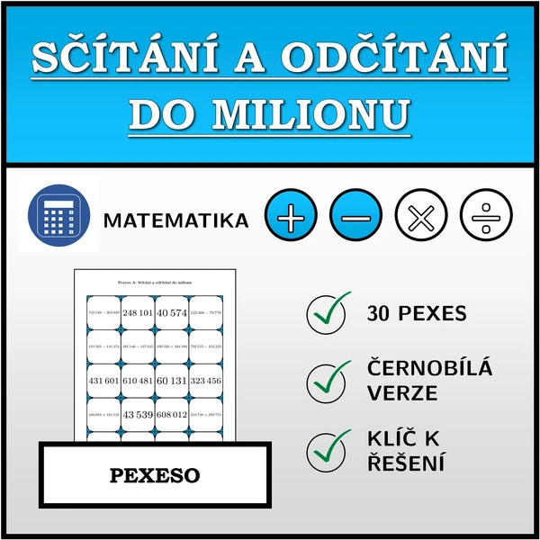 Pexeso - Sčítání a odčítání do milionu | matematika