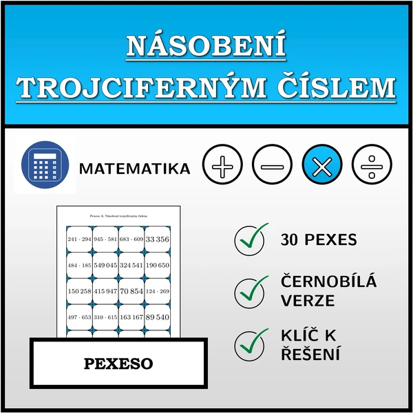 Pexeso - Násobení trojciferným číslem | matematika